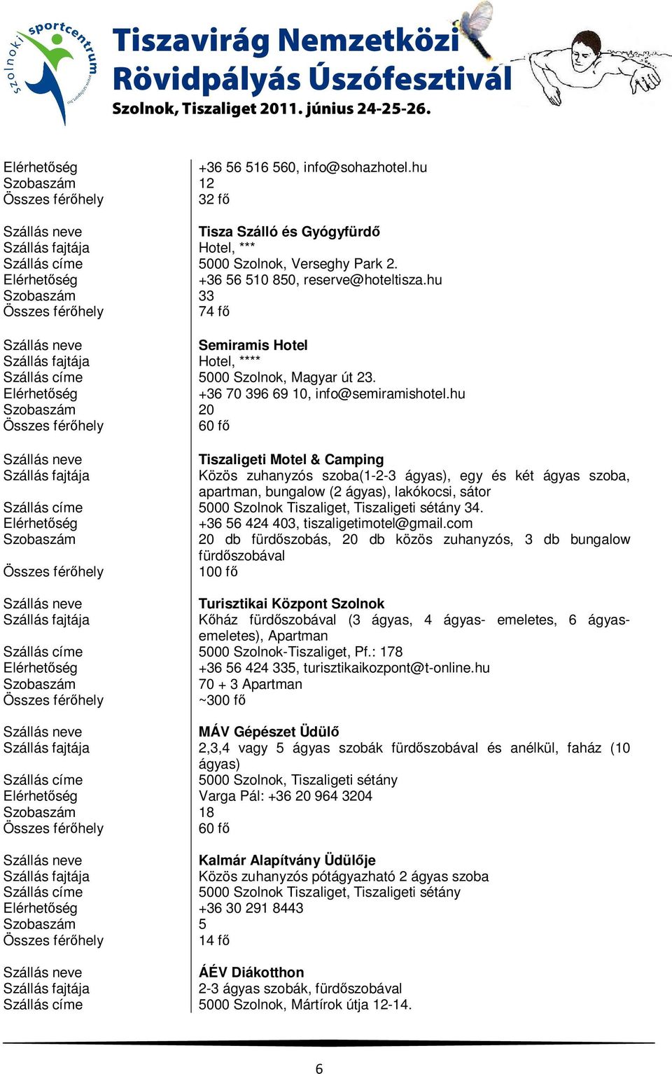 hu Szobaszám 20 60 fı Tiszaligeti Motel & Camping Közös zuhanyzós szoba(1-2-3 ágyas), egy és két ágyas szoba, apartman, bungalow (2 ágyas), lakókocsi, sátor 34. +36 56 424 403, tiszaligetimotel@gmail.