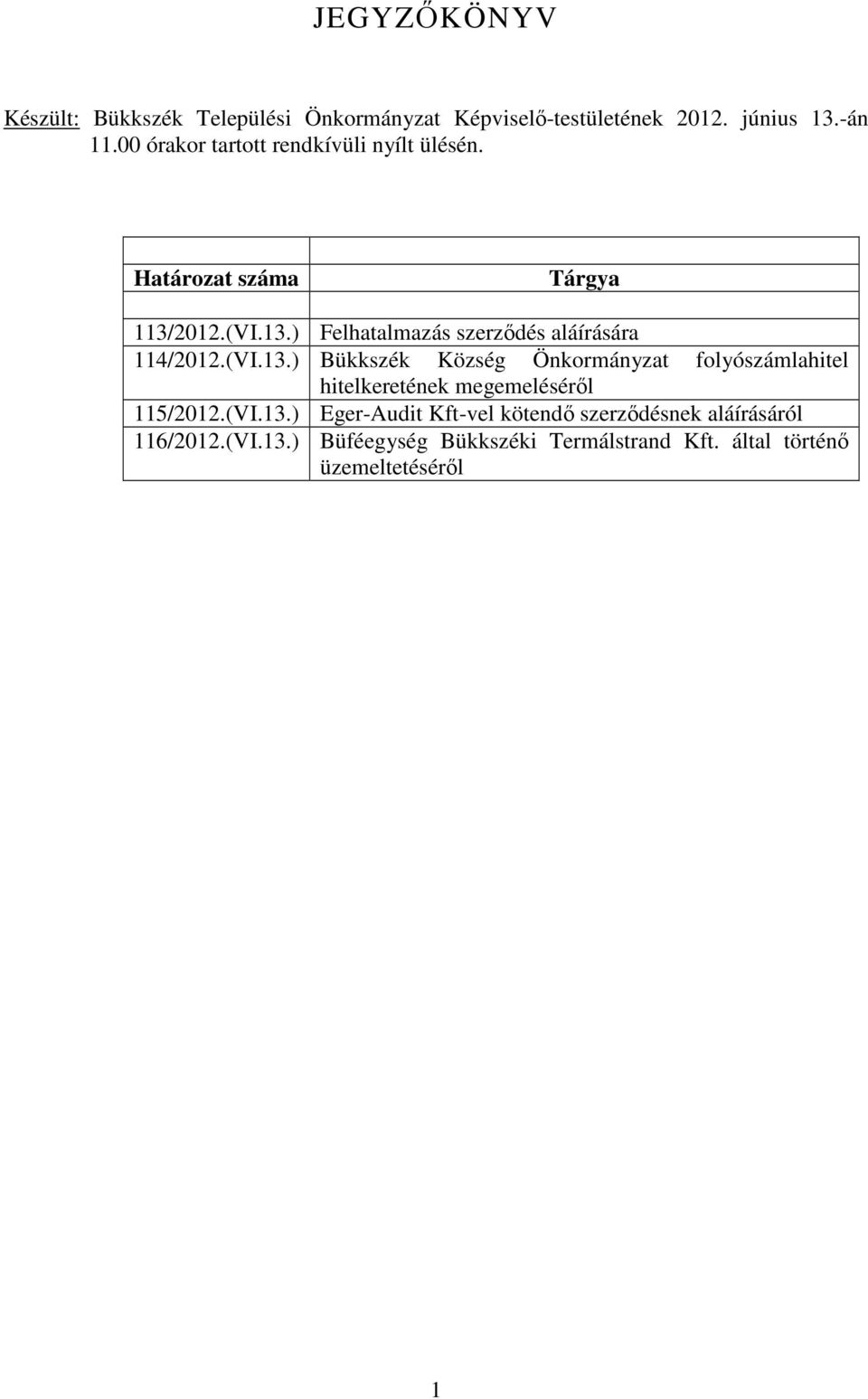 (VI.13.) Bükkszék Község Önkormányzat folyószámlahitel hitelkeretének megemeléséről 115/2012.(VI.13.) Eger-Audit Kft-vel kötendő szerződésnek aláírásáról 116/2012.