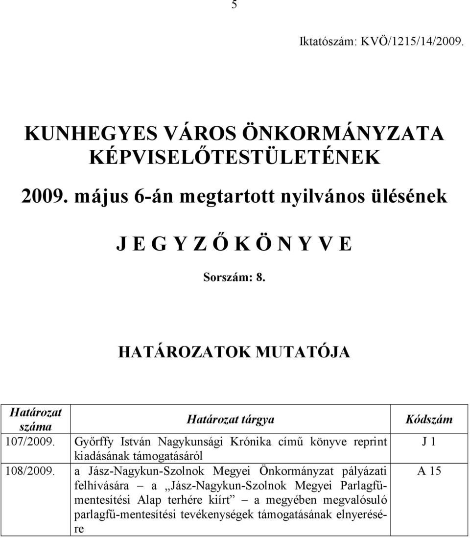 HATÁROZATOK MUTATÓJA Határozat Határozat tárgya száma 107/2009.