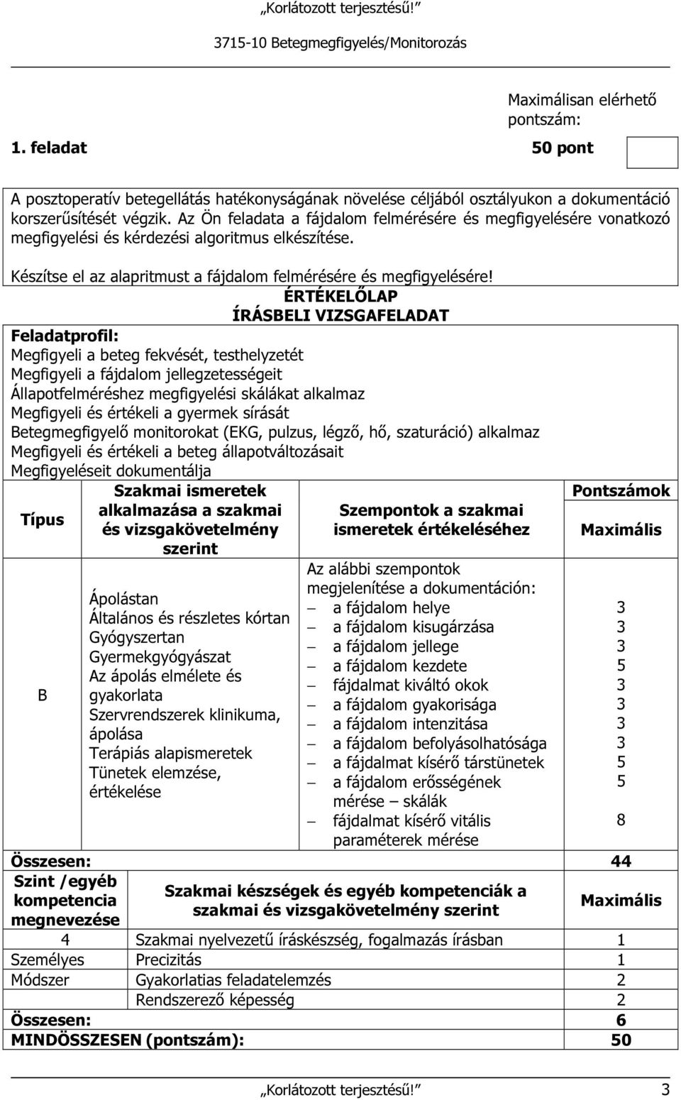 ÉRTÉKELŐLAP ÍRÁSBELI VIZSGAFELADAT Feladatprofil: Megfigyeli a beteg fekvését, testhelyzetét Megfigyeli a fájdalom jellegzetességeit Állapotfelméréshez megfigyelési skálákat alkalmaz Megfigyeli és