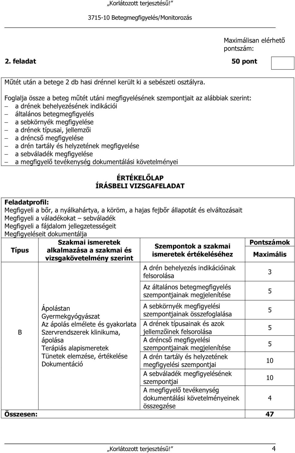 jellemzői a dréncső megfigyelése a drén tartály és helyzetének megfigyelése a sebváladék megfigyelése a megfigyelő tevékenység dokumentálási követelményei ÉRTÉKELŐLAP ÍRÁSBELI VIZSGAFELADAT