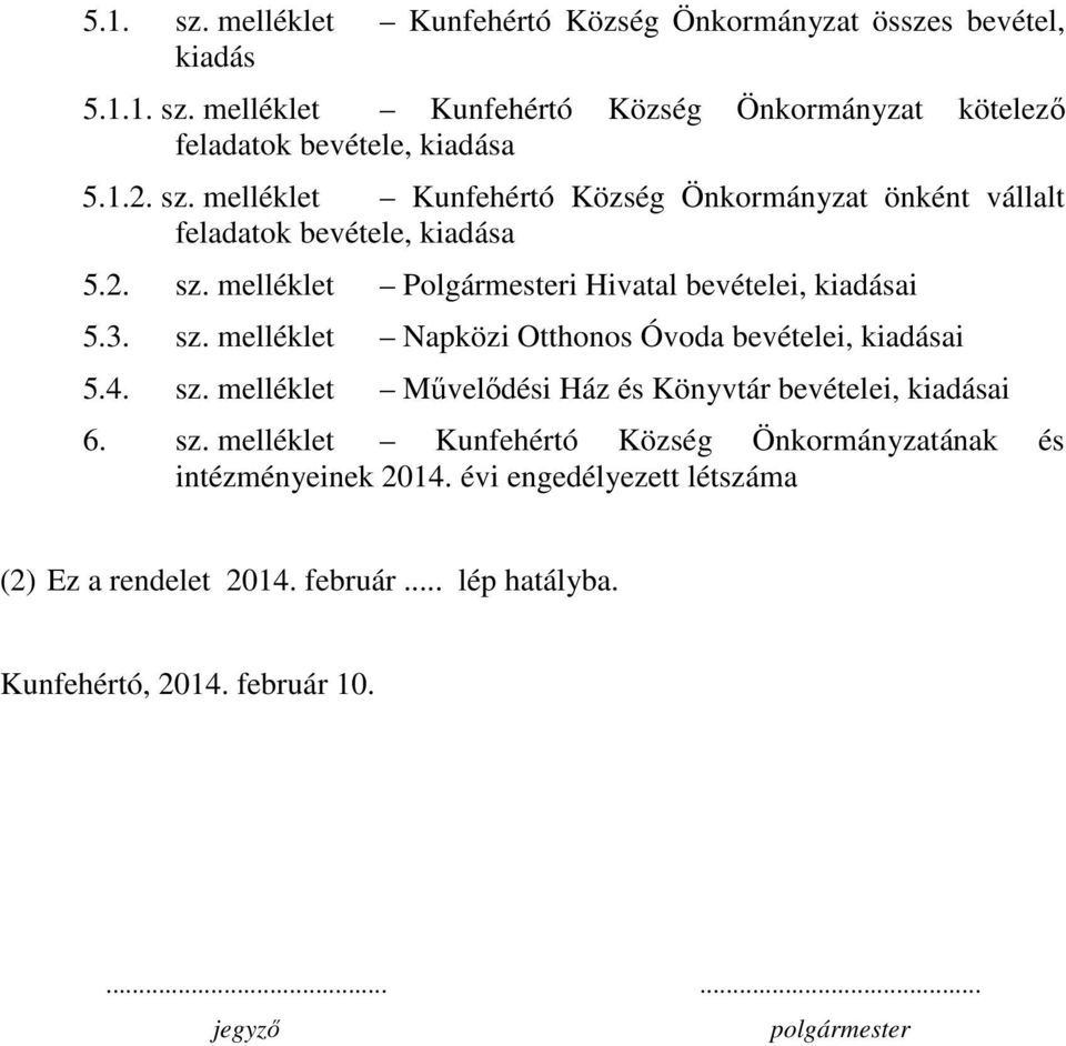 4. sz. melléklet Művelődési Ház és Könyvtár bevételei, kiadásai 6. sz. melléklet Kunfehértó Község Önkormányzatának és intézményeinek 2014.