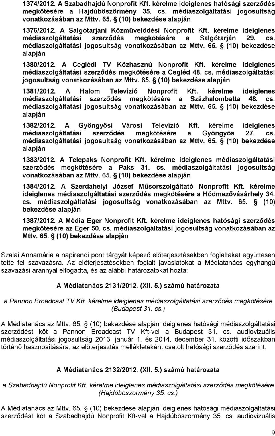 médiaszolgáltatási jogosultság vonatkozásában az Mttv. 65. (10) bekezdése alapján 1380/2012. A Ceglédi TV Közhasznú Nonprofit Kft.