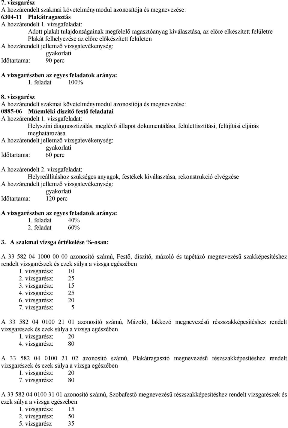 vizsgarészben az egyes feladatok aránya: 1. feladat 100% 8. vizsgarész A hozzárendelt szakmai követelménymodul azonosítója és megnevezése: 0885-06 Műemléki díszítő festő feladatai A hozzárendelt 1.