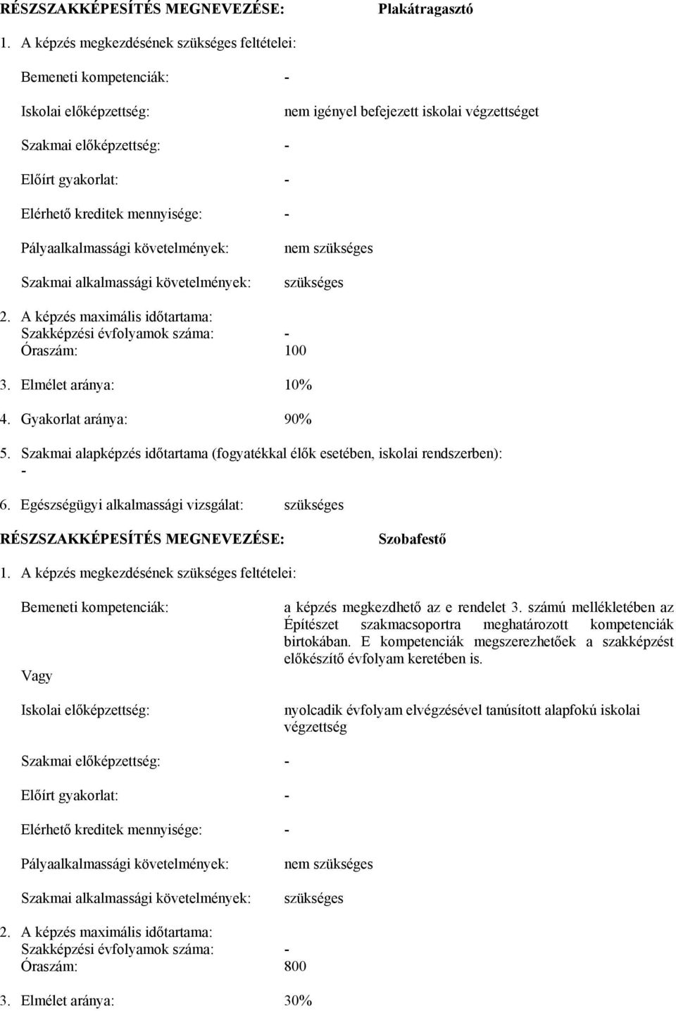 mennyisége: - Pályaalkalmassági követelmények: Szakmai alkalmassági követelmények: nem szükséges szükséges 2. A képzés maximális időtartama: Szakképzési évfolyamok száma: - Óraszám: 100 3.