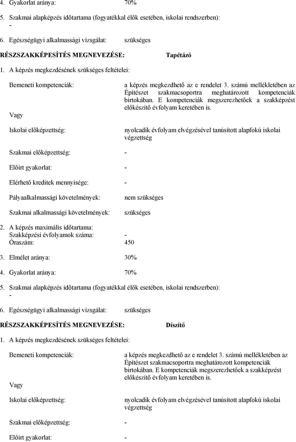 A képzés megkezdésének szükséges feltételei: Bemeneti kompetenciák: Vagy Iskolai előképzettség: a képzés megkezdhető az e rendelet 3.