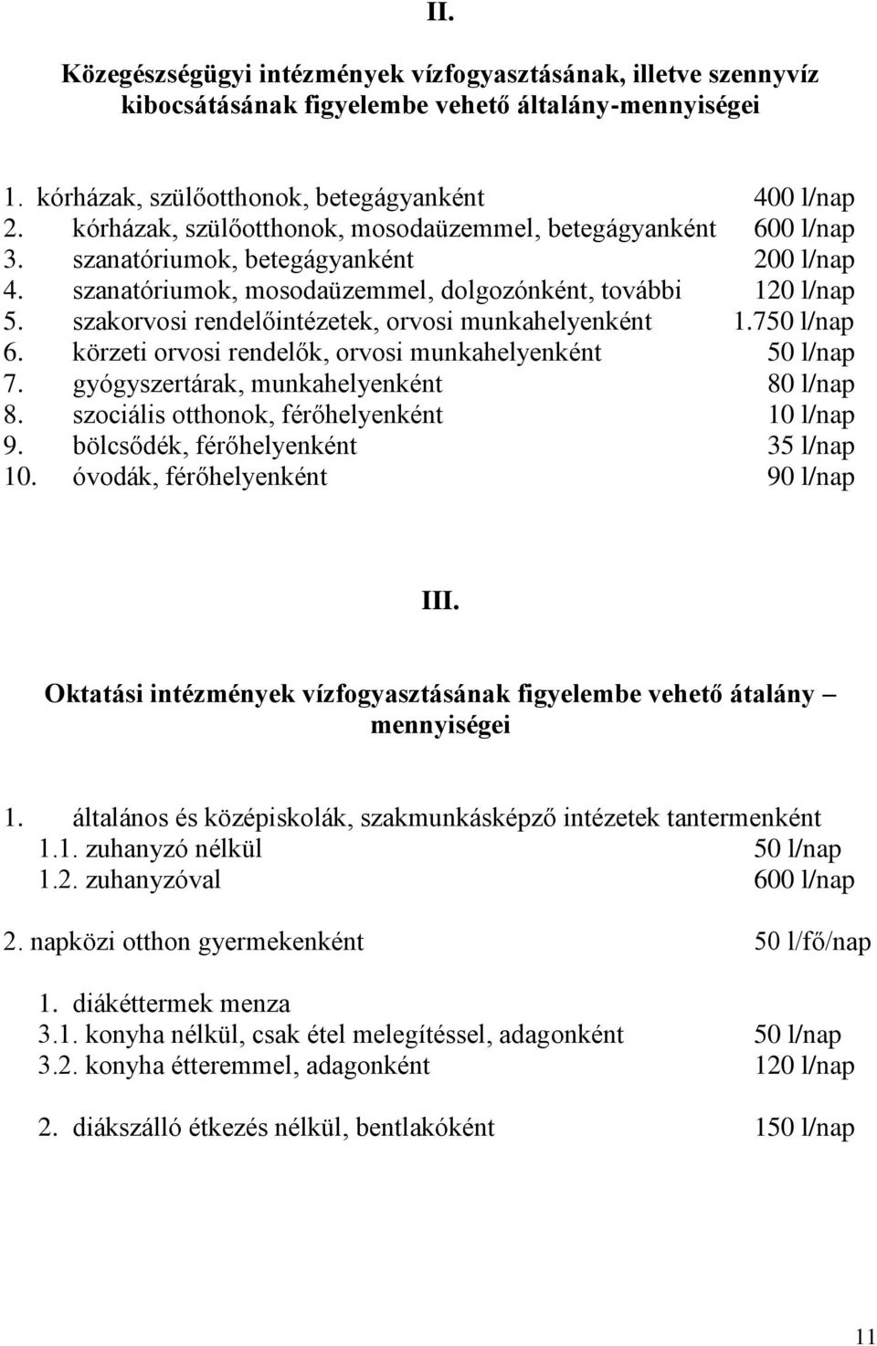 szakorvosi rendelőintézetek, orvosi munkahelyenként 1.750 l/nap 6. körzeti orvosi rendelők, orvosi munkahelyenként 50 l/nap 7. gyógyszertárak, munkahelyenként 80 l/nap 8.