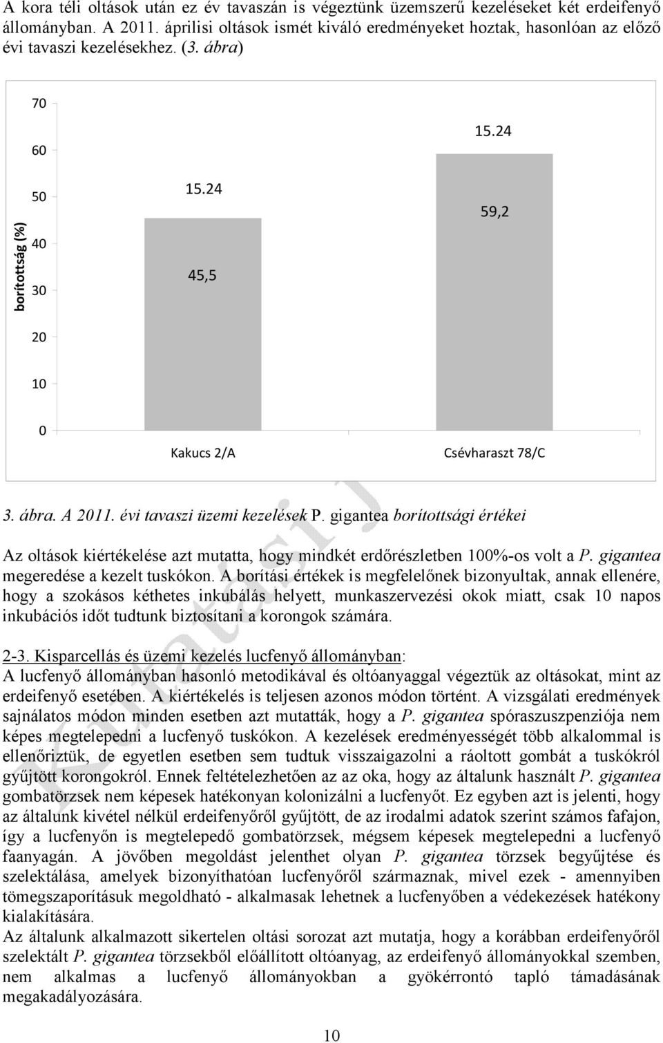 ábra. A 2011. évi tavaszi üzemi kezelések P. gigantea borítottsági értékei Az oltások kiértékelése azt mutatta, hogy mindkét erdőrészletben 100%-os volt a P. gigantea megeredése a kezelt tuskókon.