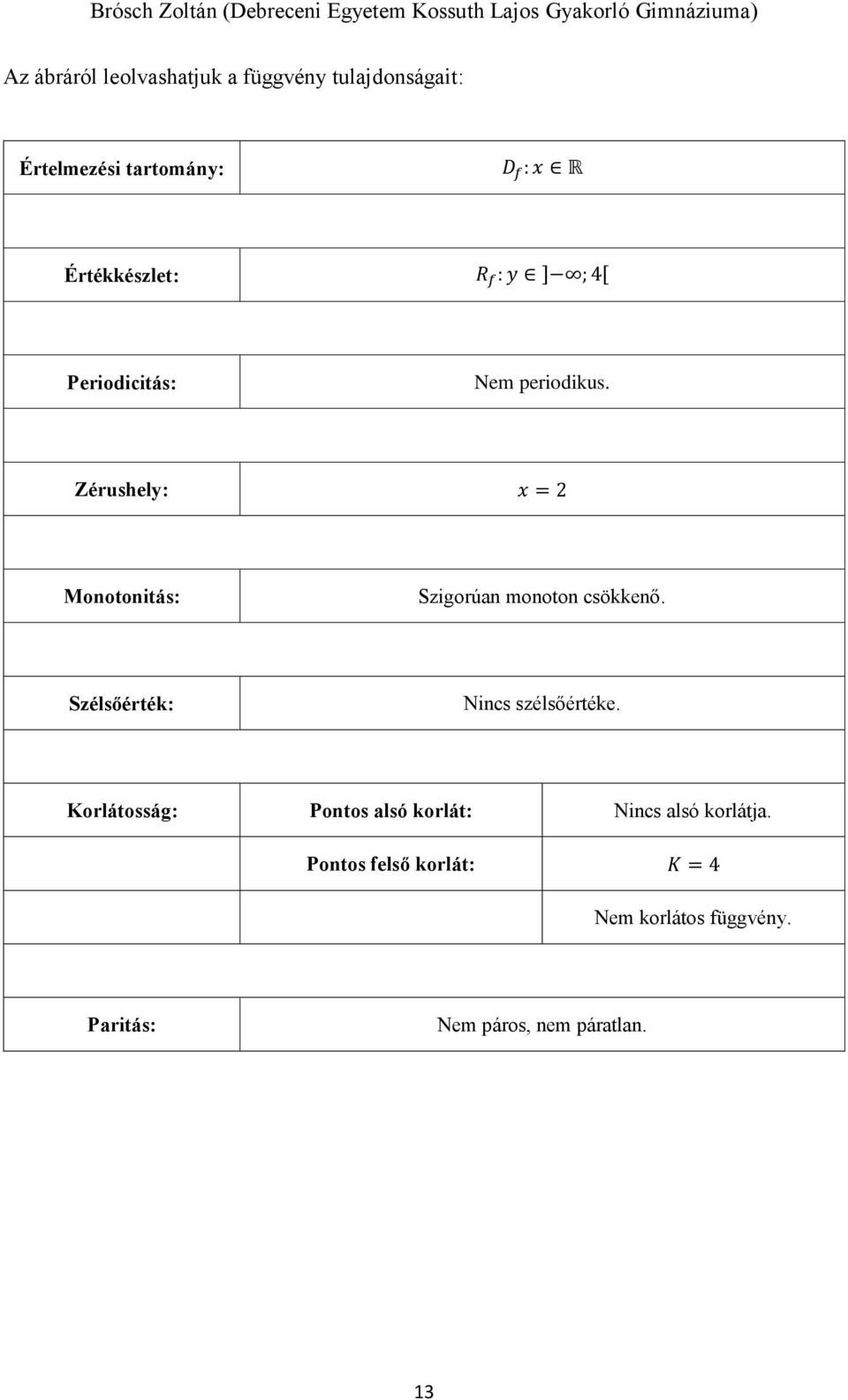 Zérushely: x = Monotonitás: Szigorúan monoton csökkenő. Szélsőérték: Nincs szélsőértéke.