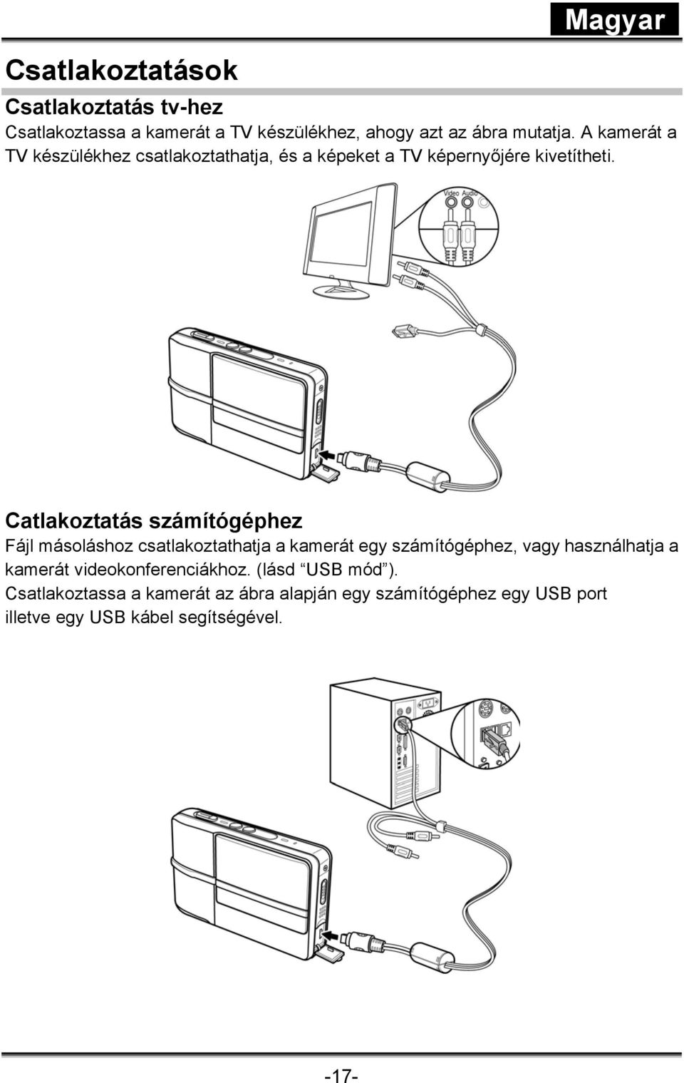 Catlakoztatás számítógéphez Fájl másoláshoz csatlakoztathatja a kamerát egy számítógéphez, vagy használhatja a kamerát