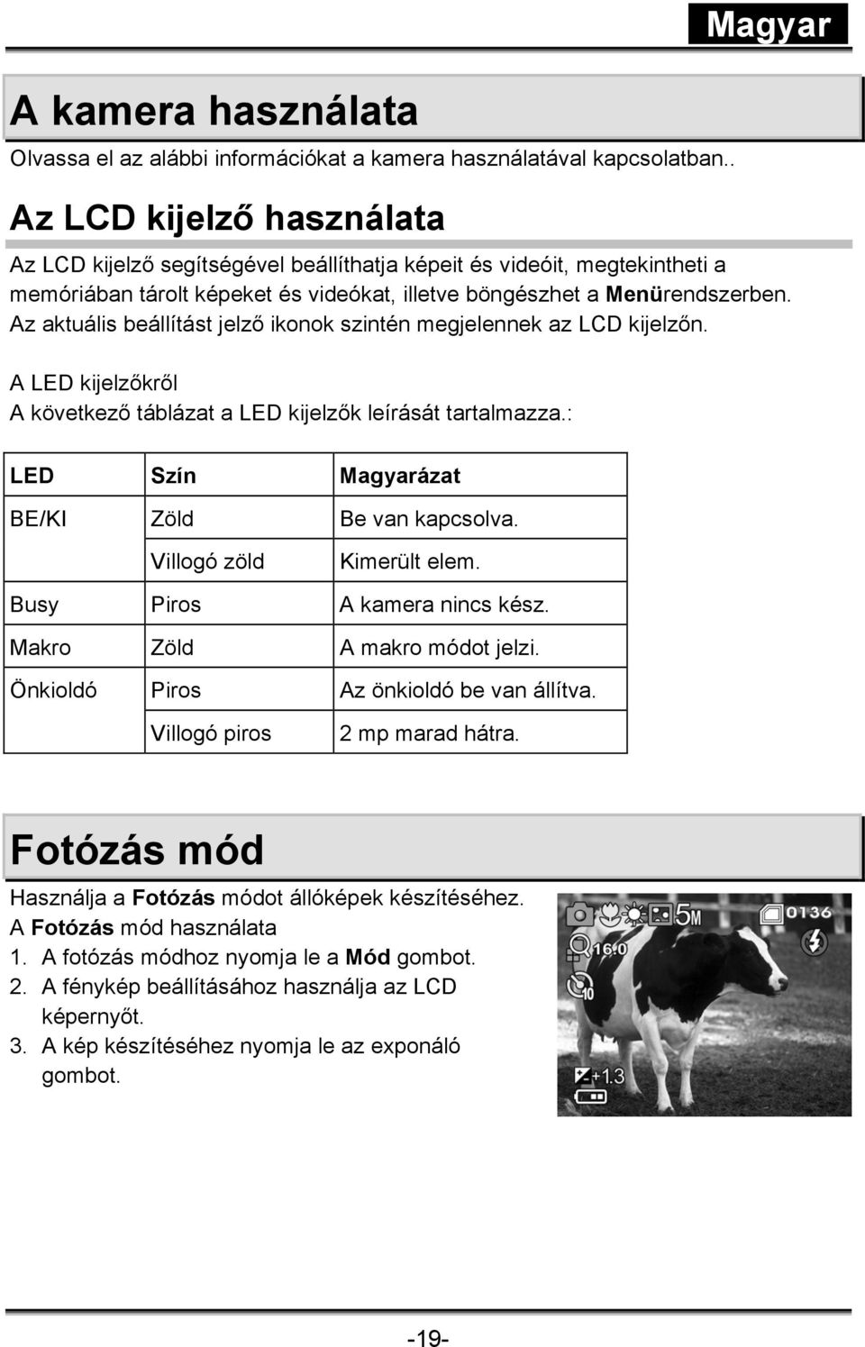 Az aktuális beállítást jelző ikonok szintén megjelennek az LCD kijelzőn. A LED kijelzőkről A következő táblázat a LED kijelzők leírását tartalmazza.