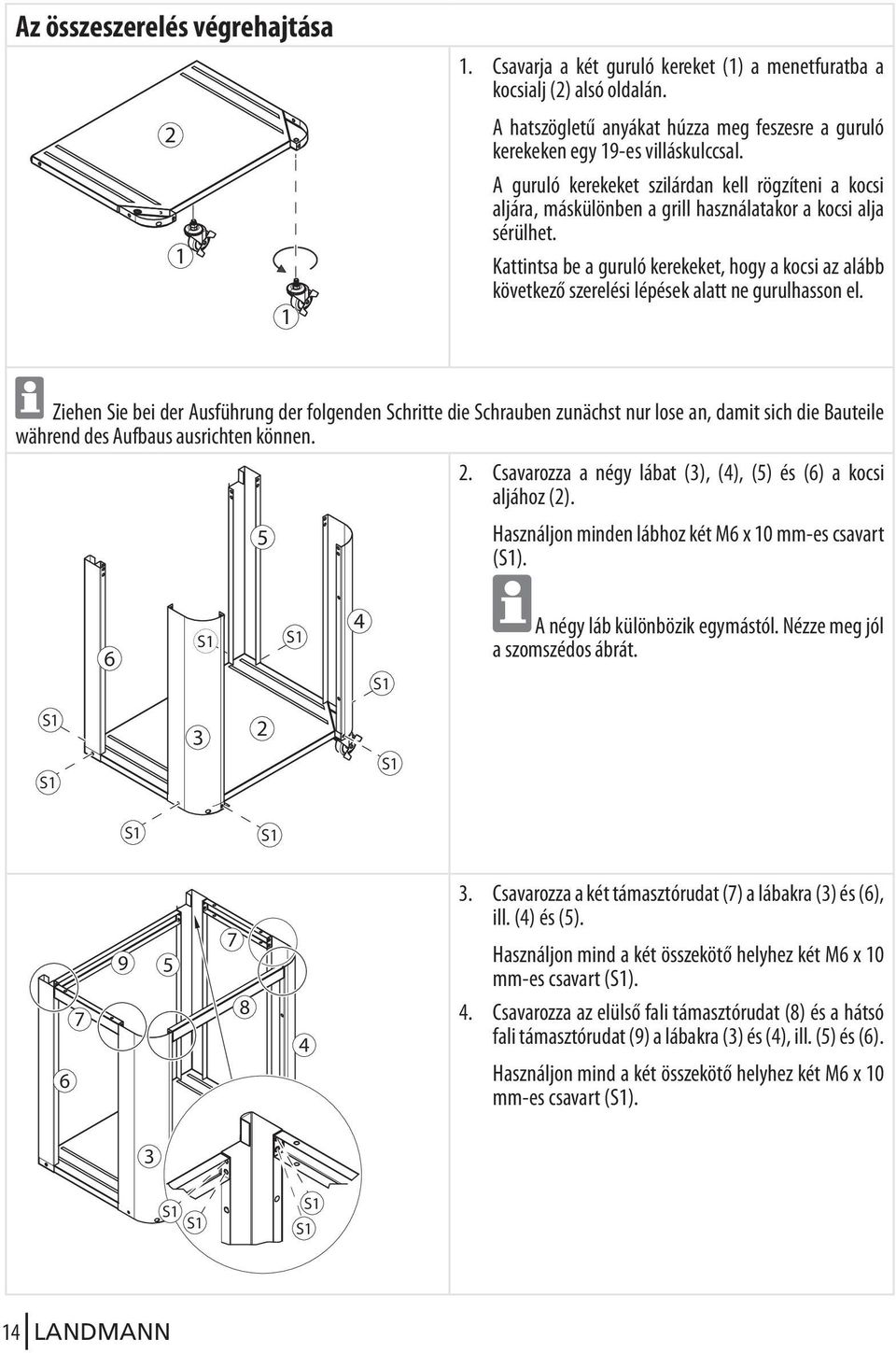 A guruló kerekeket szilárdan kell rögzíteni a kocsi aljára, máskülönben a grill használatakor a kocsi alja sérülhet.