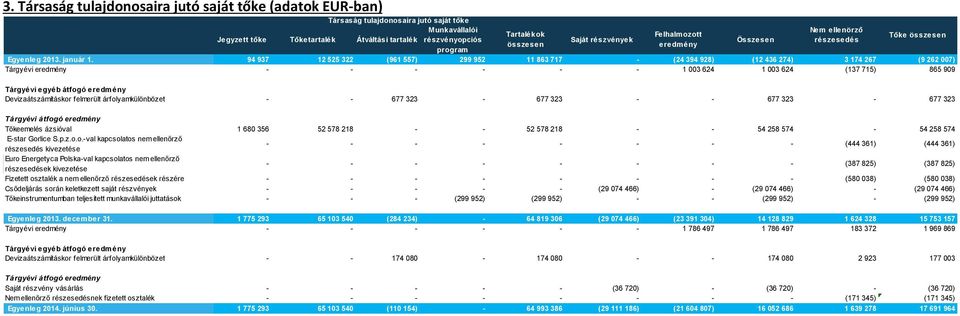 94 937 12 525 322 (961 557) 299 952 11 863 717 - (24 394 928) (12 436 274) 3 174 267 (9 262 007) Tárgyévi eredmény - - - - - - 1 003 624 1 003 624 (137 715) 865 909 Tárgyévi egyéb átfogó eredmény