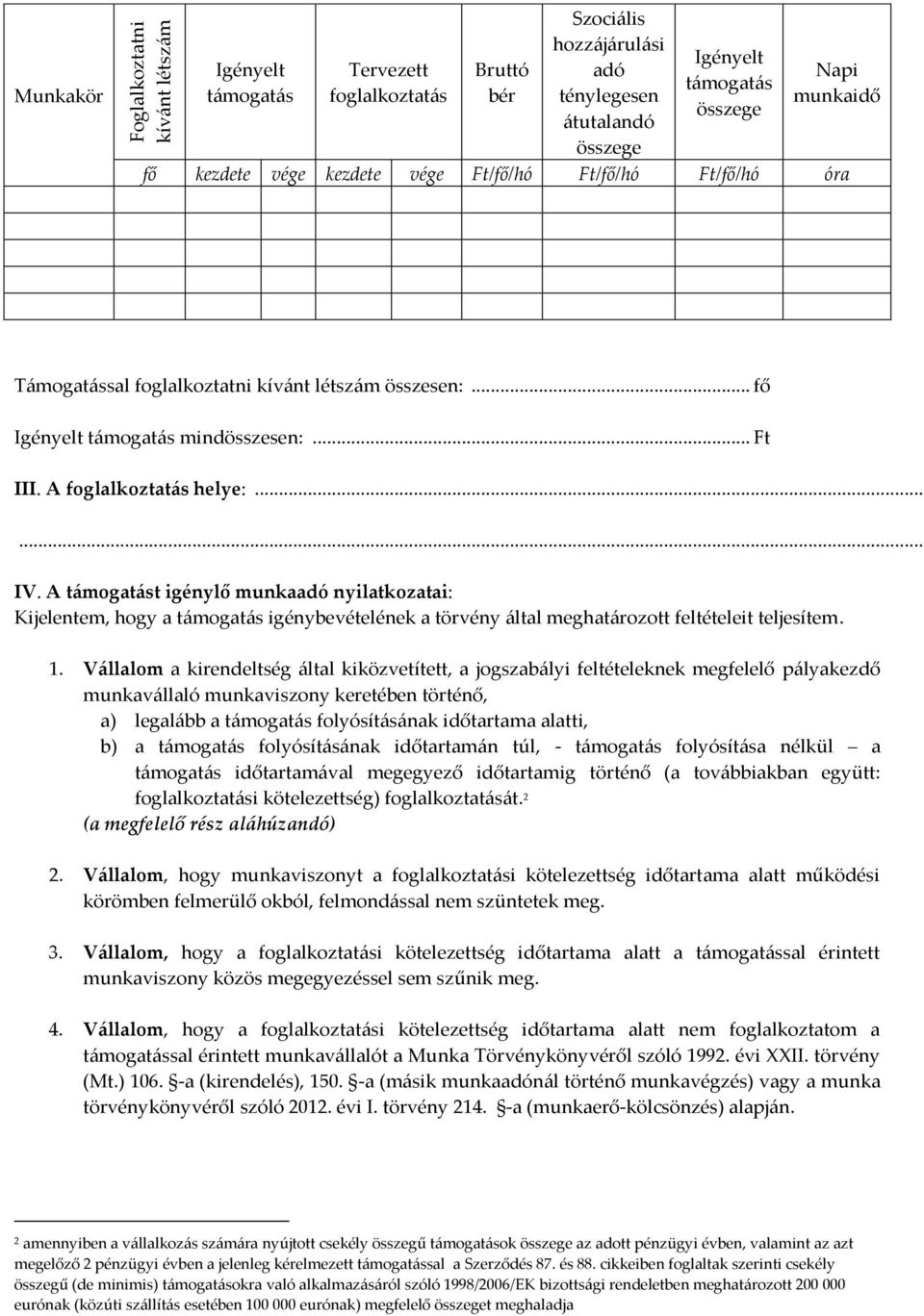 A támogatást igénylő munkaadó nyilatkozatai: Kijelentem, hogy a támogatás igénybevételének a törvény által meghatározott feltételeit teljesítem. 1.