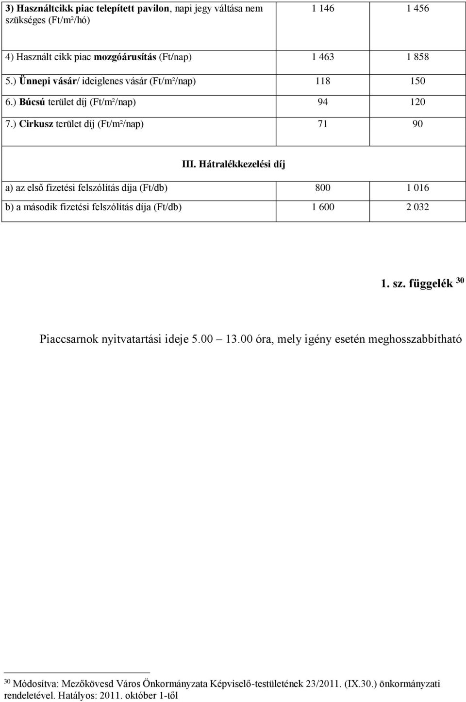 ) Cirkusz terület díj (Ft/m²/nap) 71 90 III.