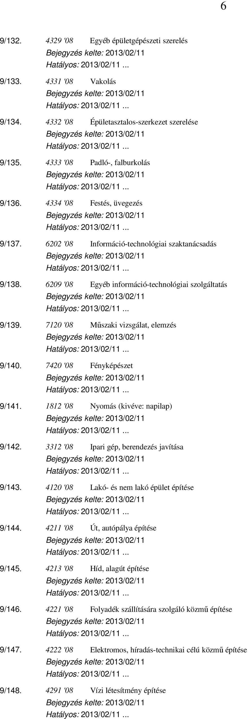 7420 '08 Fényképészet 9/141. 1812 '08 Nyomás (kivéve: napilap) 9/142. 3312 '08 Ipari gép, berendezés javítása 9/143. 4120 '08 Lakó- és nem lakó épület építése 9/144.