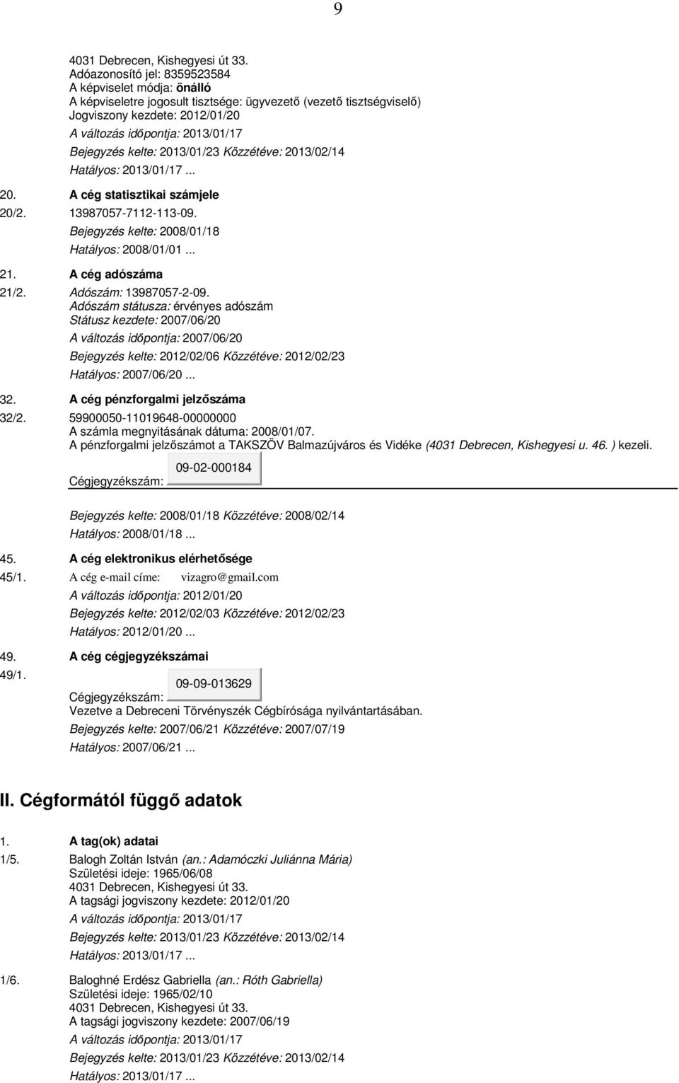 kelte: 2013/01/23 Közzétéve: 2013/02/14 Hatályos: 2013/01/17... 20. A cég statisztikai számjele 20/2. 13987057-7112-113-09. Bejegyzés kelte: 2008/01/18 Hatályos: 2008/01/01... 21. A cég adószáma 21/2.