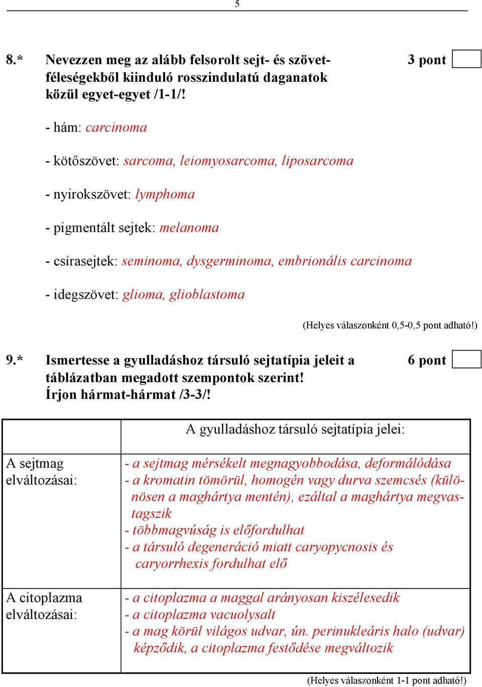 glioma, glioblastoma (Helyes válaszonként 0,5-0,5 pont adható!) 9.* Ismertesse a gyulladáshoz társuló sejtatípia jeleit a 6 pont táblázatban megadott szempontok szerint! Írjon hármat-hármat /3-3/!