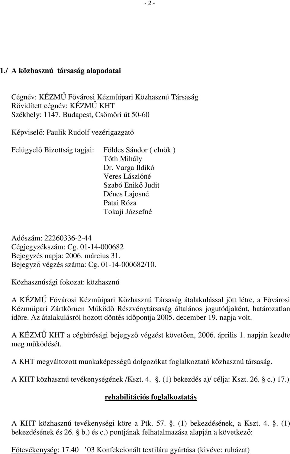 Varga Ildikó Veres Lászlóné Szabó Enikı Judit Dénes Lajosné Patai Róza Tokaji Józsefné Adószám: 22260336-2-44 Cégjegyzékszám: Cg. 01-14-000682 Bejegyzés napja: 2006. március 31.