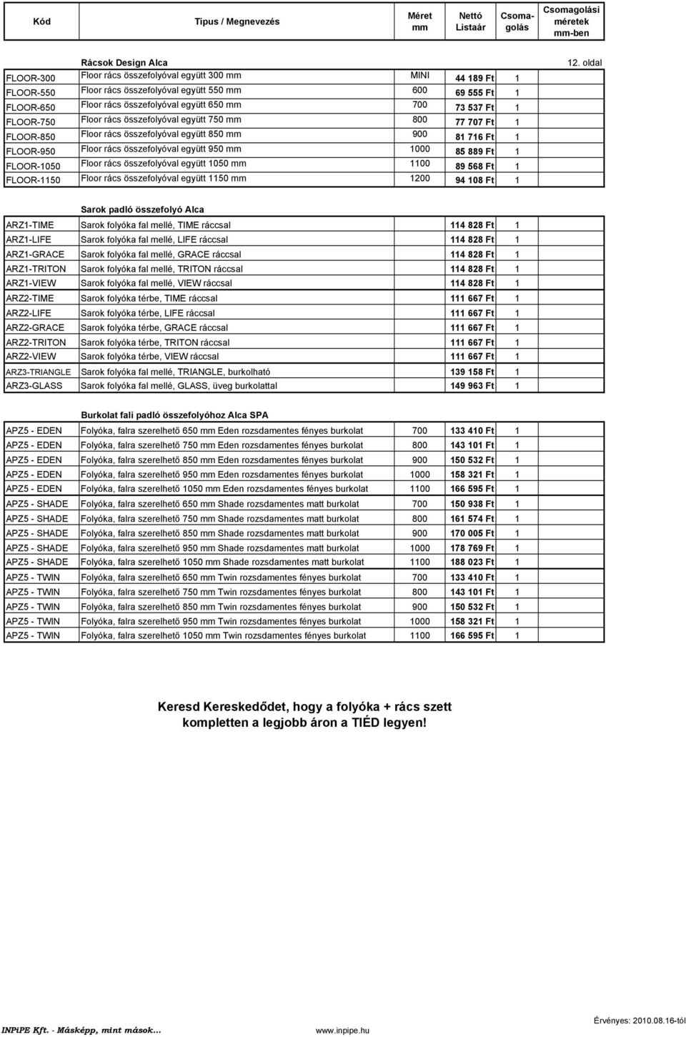 Ft 1 FLOOR-1050 Floor rács összefolyóval együtt 1050 1100 89 568 Ft 1 FLOOR-1150 Floor rács összefolyóval együtt 1150 1200 94 108 Ft 1 12.