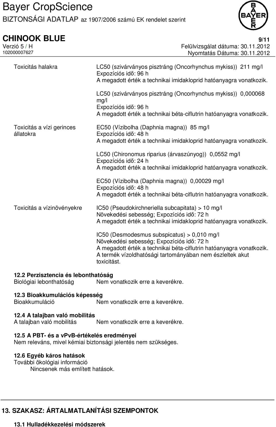 Toxicitás a vízi gerinces állatokra EC50 (Vízibolha (Daphnia magna)) 85 mg/l Expozíciós idő: 48 h A megadott érték a technikai imidakloprid hatóanyagra vonatkozik.