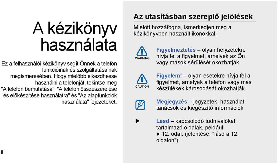 Az utasításban szereplő jelölések Mielőtt hozzáfogna, ismerkedjen meg a kézikönyvben használt ikonokkal: Figyelmeztetés olyan helyzetekre hívja fel a figyelmet, amelyek az Ön vagy mások sérülését