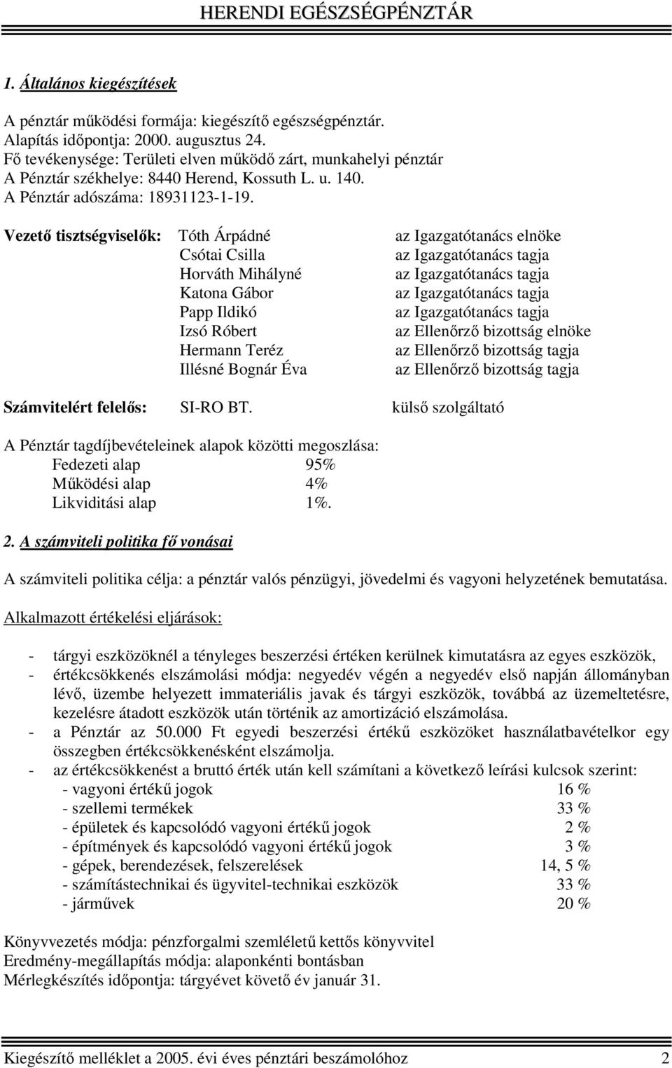 Vezető tisztségviselők: Tóth Árpádné az Igazgatótanács elnöke Csótai Csilla az Igazgatótanács tagja Horváth Mihályné az Igazgatótanács tagja Katona Gábor az Igazgatótanács tagja Papp Ildikó az