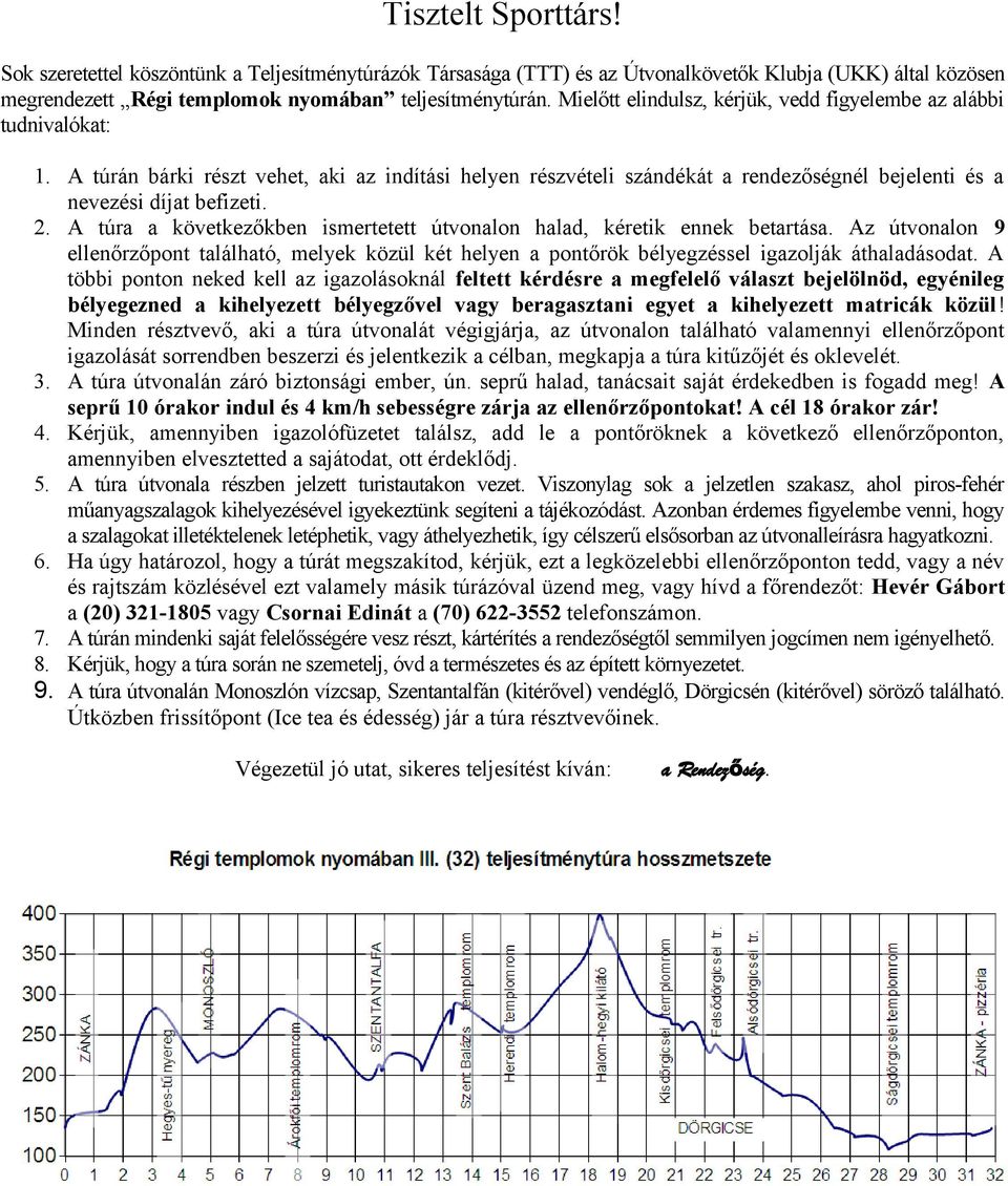 A túra a következőkben ismertetett útvonalon halad, kéretik ennek betartása. Az útvonalon 9 ellenőrzőpont található, melyek közül két helyen a pontőrök bélyegzéssel igazolják áthaladásodat.