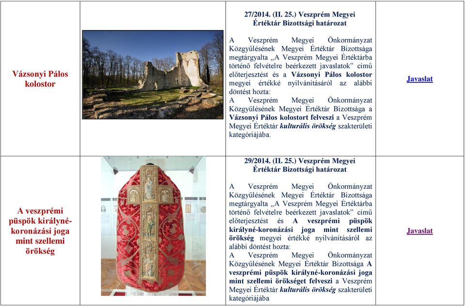 örökség szakterületi A veszprémi püspök királynékoronázási joga mint szellemi örökség 29/2014. (II. 25.
