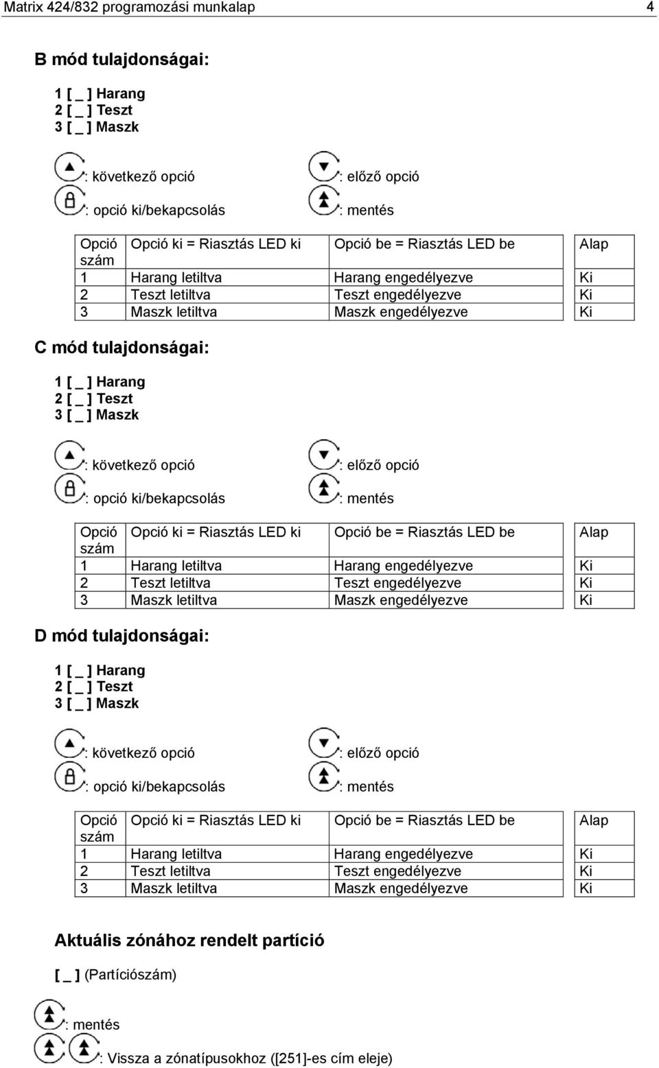 engedélyezve Ki 2 Teszt letiltva Teszt engedélyezve Ki 3 Maszk letiltva Maszk engedélyezve Ki D mód tulajdonságai: 1 [ _ ] Harang 2 [ _ ] Teszt 3 [ _ ] Maszk : opció ki/bekapcsolás 1