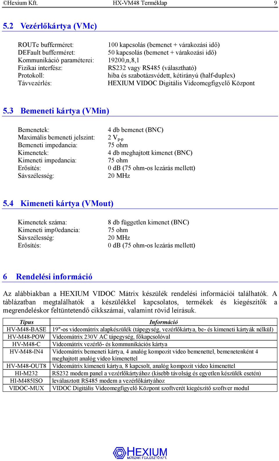 várakozási idő) 19200,n,8,1 RS232 vagy RS485 (választható) hiba és szabotázsvédett, kétirányú (half-duplex) HEXIUM VIDOC Digitális Videomegfigyelő Központ 5.