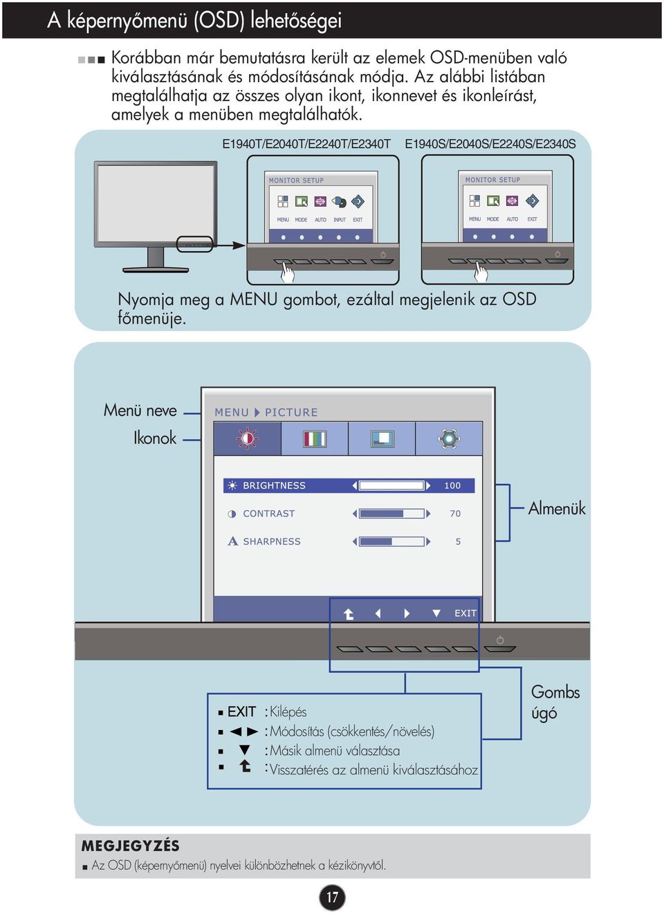 E1940T/E2040T/E2240T/E2340T E1940S/E2040S/E2240S/E2340S Nyomja meg a MENU gombot, ezáltal megjelenik az OSD f menüje.