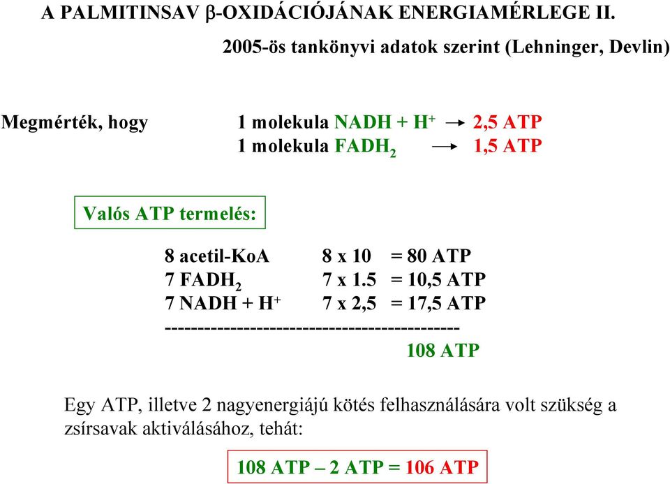 1,5 ATP Valós ATP termelés: 8 acetil-koa 8 x 10 = 80 ATP 7 FAD 2 7 x 1.
