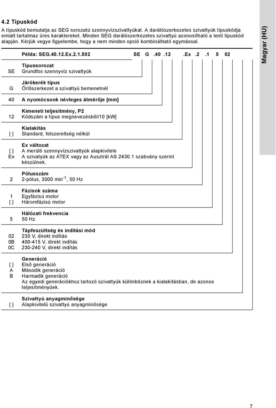 Ex.2.1.502 SE G.40.12.Ex.2.1 5 02 Típussorozat Grundfos szennyvíz szivattyúk Magyar (HU) G Járókerék típus Őrlőszerkezet a szivattyú bemenetnél 40 A nyomócsonk névleges átmérője [mm] 12 [ ] [ ] Ex 2