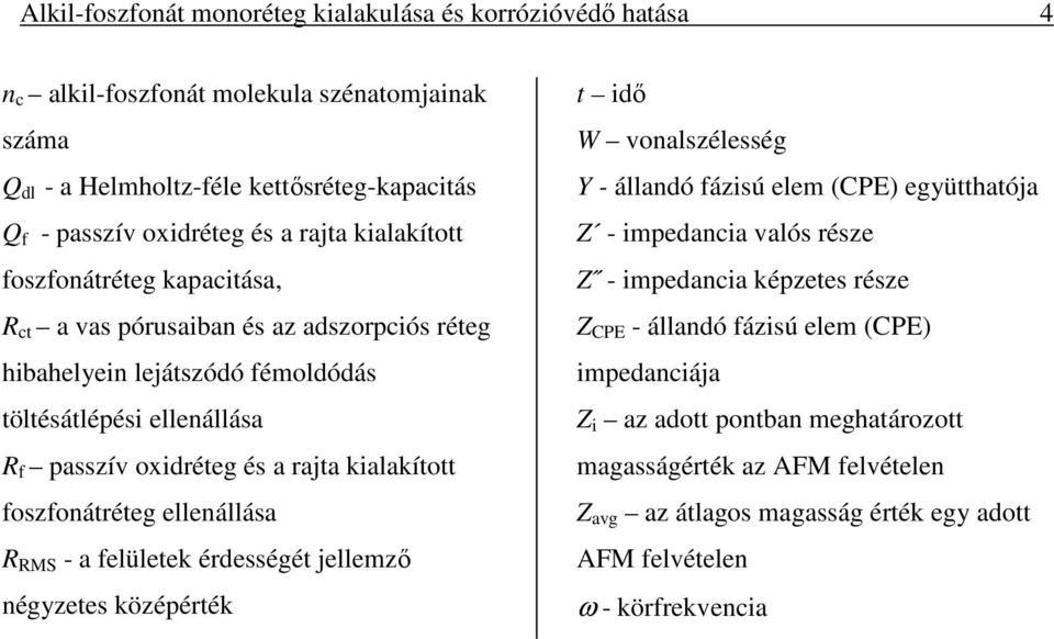 foszfonátréteg ellenállása R RMS - a felületek érdességét jellemző négyzetes középérték t idő W vonalszélesség Y - állandó fázisú elem (CPE) együtthatója Z - impedancia valós része Z - impedancia