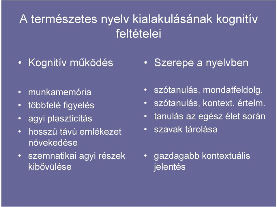 növekedése szemnatikai agyi részek kibővülése szótanulás, mondatfeldolg.