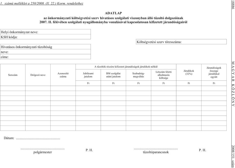 fél évé ben szol gá la ti nyug ál lo mány ba vo nu lá sá val kap cso la to san kifizetett járandóságairól Azo no sí tó száma.