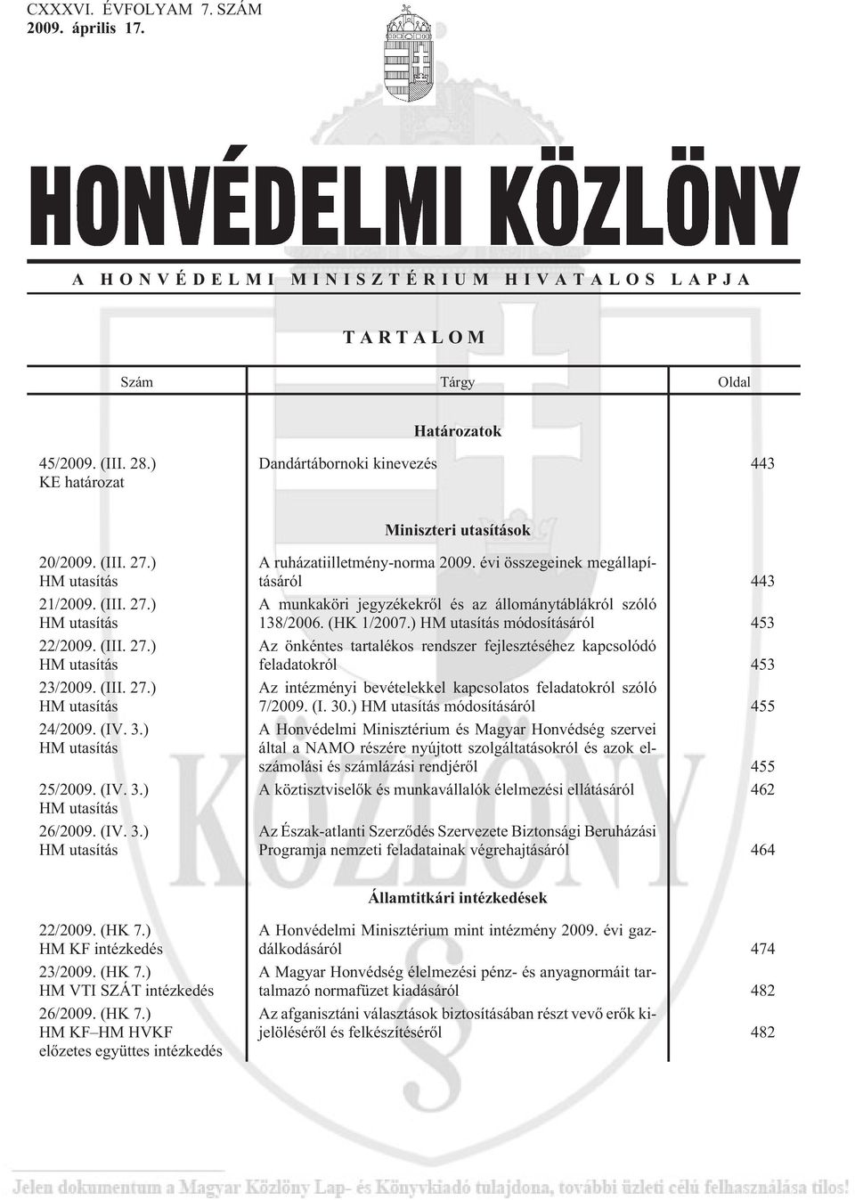(IV. 3.) HM utasítás 25/2009. (IV. 3.) HM utasítás 26/2009. (IV. 3.) HM utasítás A ruházatiilletmény-norma 2009.
