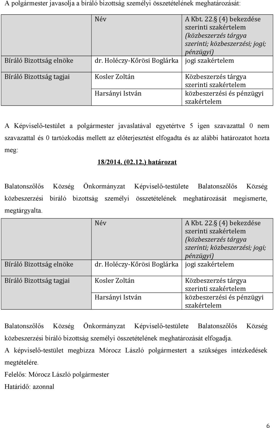 Holéczy-Kőrösi Boglárka jogi szakértelem Bíráló Bizottság tagjai Kosler Zoltán Közbeszerzés tárgya szerinti szakértelem Harsányi István közbeszerzési és pénzügyi szakértelem 18/2014. (02.12.