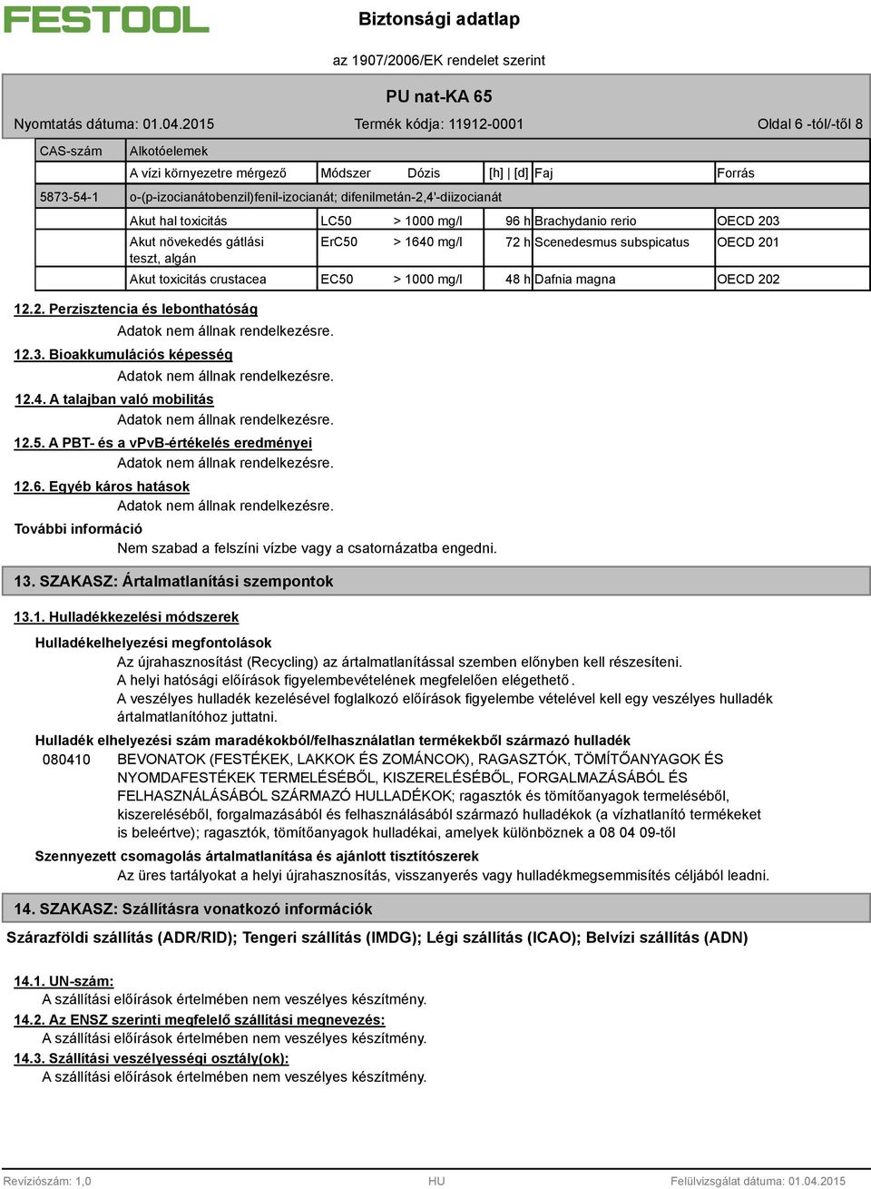 magna OECD 202 12.2. Perzisztencia és lebonthatóság 12.3. Bioakkumulációs képesség 12.4. A talajban való mobilitás 12.5. A PBT- és a vpvb-értékelés eredményei 12.6.