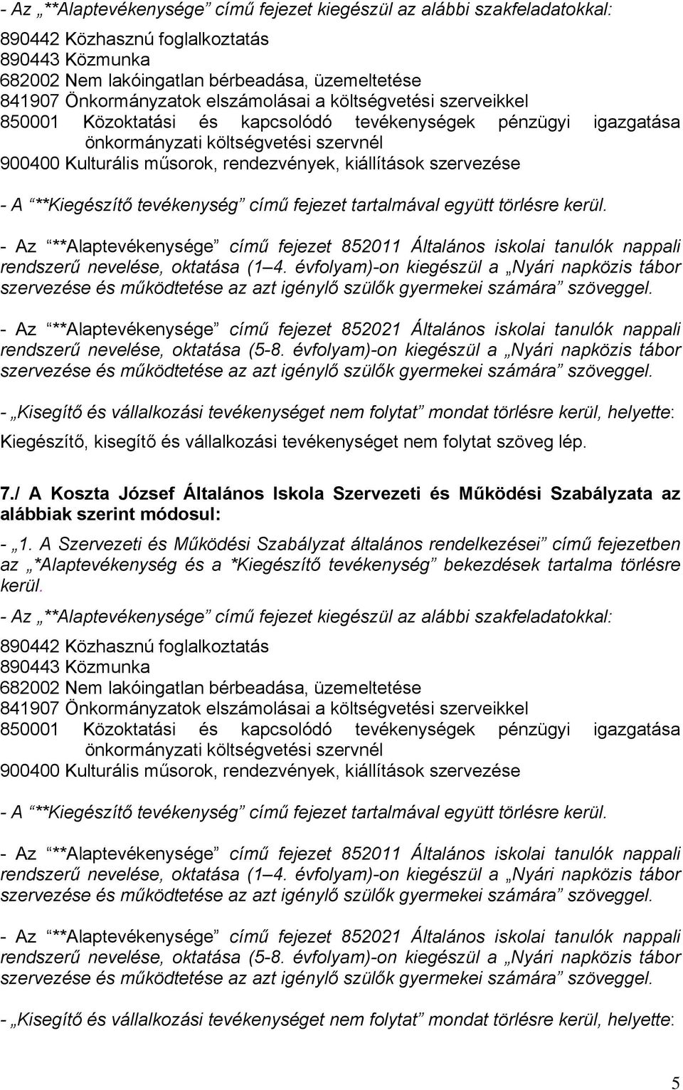 évfolyam)-on kiegészül a Nyári napközis tábor 7./ A Koszta József Általános Iskola Szervezeti és Működési Szabályzata az - 1.