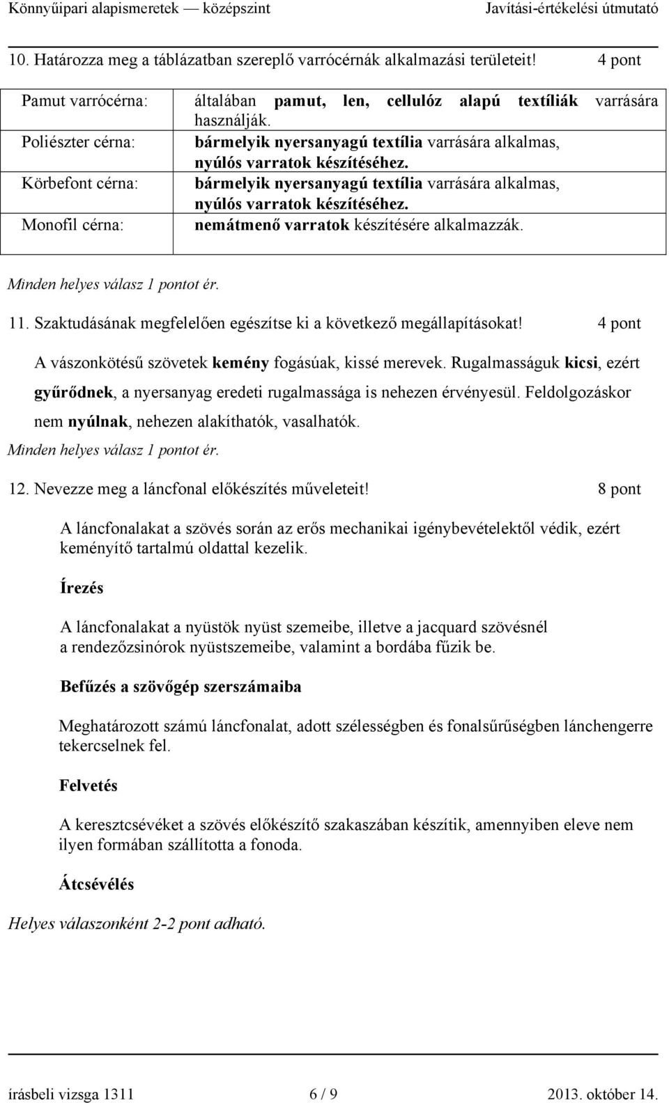 Monofil cérna: nemátmenő varratok készítésére alkalmazzák. 11. Szaktudásának megfelelően egészítse ki a következő megállapításokat! 4 pont A vászonkötésű szövetek kemény fogásúak, kissé merevek.