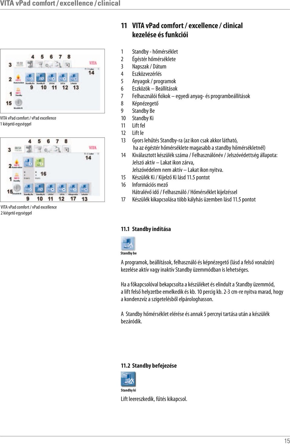 egyedi anyag- és programbeállítások 8 Képnézegető 9 Be 10 Ki 11 Lift fel 12 Lift le 13 Gyors lehűtés -ra (az ikon csak akkor látható, ha az égéstér hőmérséklete magasabb a standby hőmérsékletnél) 14