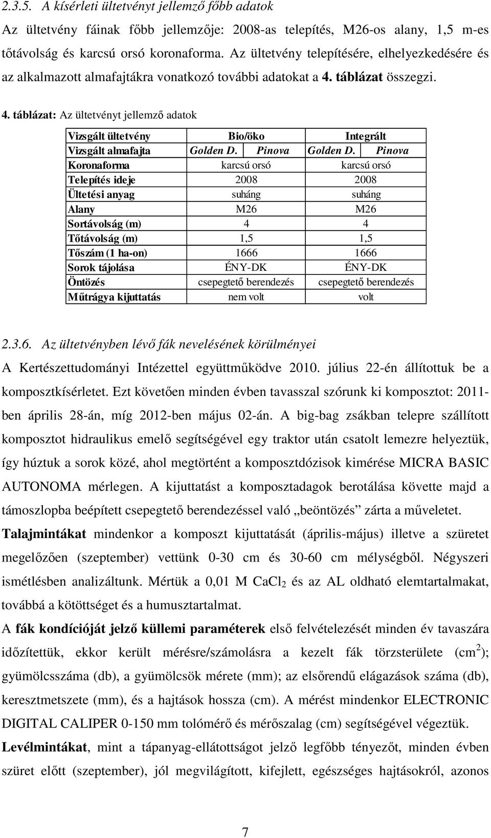 táblázat összegzi. 4. táblázat: Az ültetvényt jellemző adatok Vizsgált ültetvény Bio/öko Integrált Vizsgált almafajta Golden D. Pinova Golden D.