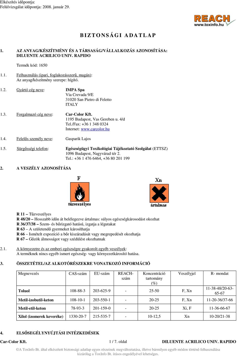 5. Sürgősségi telefon: Egészségügyi Toxikológiai Tájékoztató Szolgálat (ETTSZ) 1096 Budapest, Nagyvárad tér 2. Tel.: +36 1 476 6464, +36 80 201 199 2.