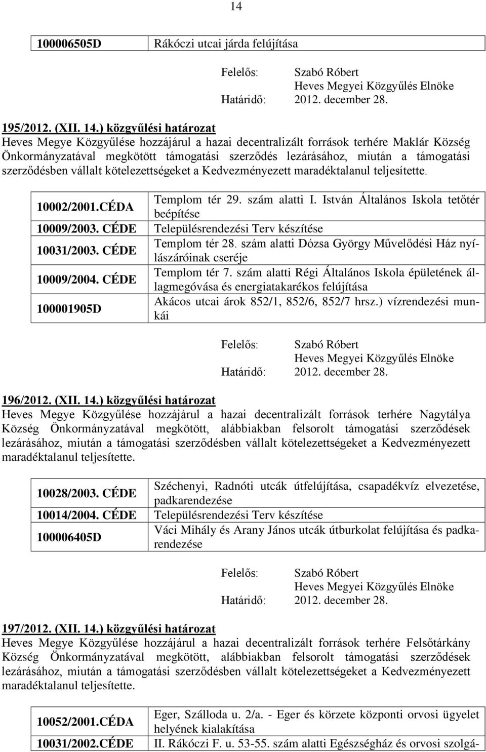 10002/2001.CÉDA Templom tér 29. szám alatti I. István Általános Iskola tetőtér beépítése 10009/2003. CÉDE Településrendezési Terv készítése 10031/2003. CÉDE Templom tér 28.