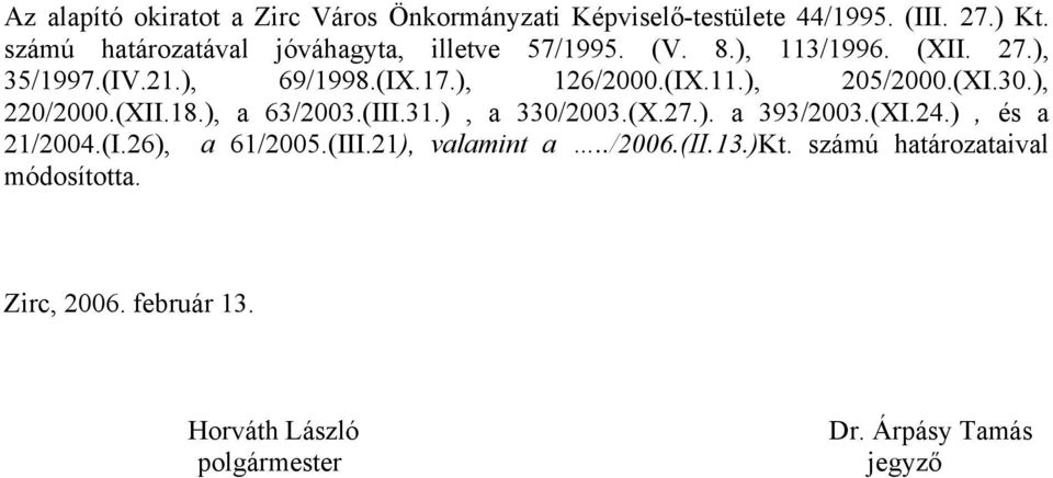 (IX.11.), 205/2000.(XI.30.), 220/2000.(XII.18.), a 63/2003.(III.31.), a 330/2003.(X.27.). a 393/2003.(XI.24.), és a 21/2004.(I.26), a 61/2005.