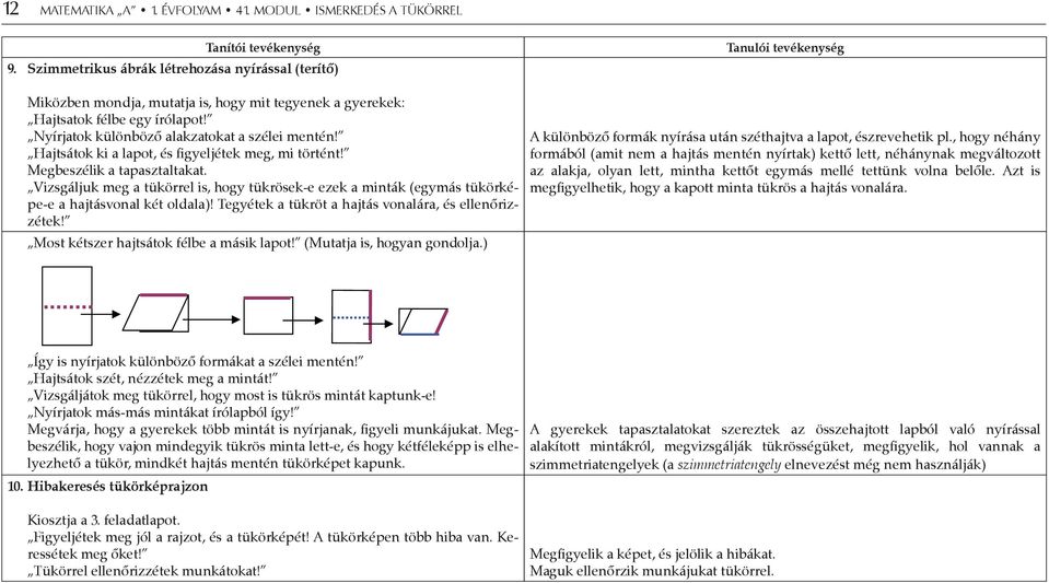 Hajtsátok ki a lapot, és figyeljétek meg, mi történt! Megbeszélik a tapasztaltakat. Vizsgáljuk meg a tükörrel is, hogy tükrösek-e ezek a minták (egymás tükörképe-e a hajtásvonal két oldala)!