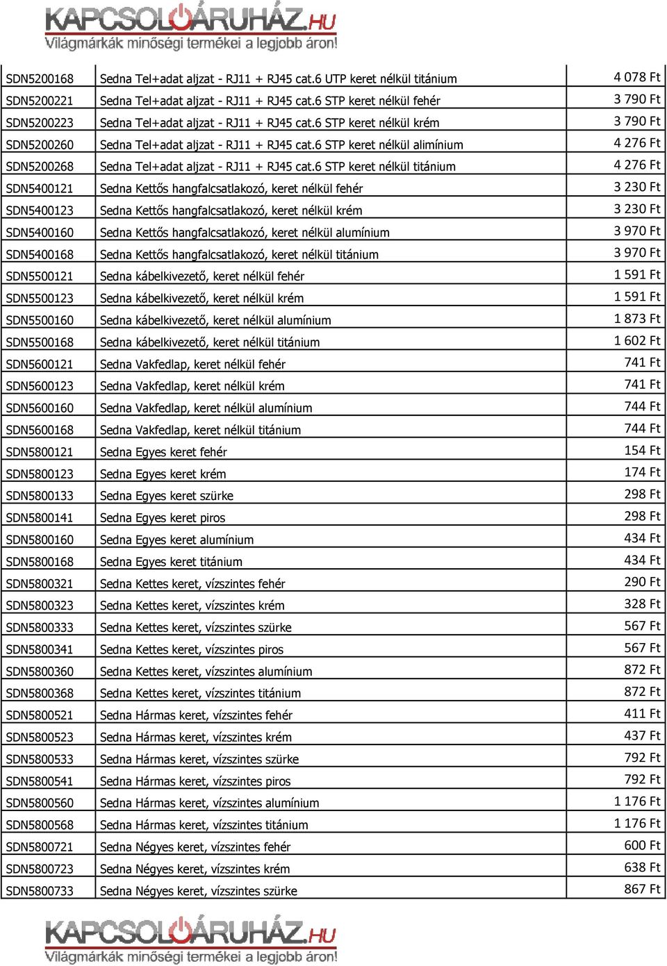 SDN5800723 SDN5800733 Sedna Tel+adat aljzat - RJ11 + RJ45 cat.6 UTP keret nélkül titánium Sedna Tel+adat aljzat - RJ11 + RJ45 cat.6 STP keret nélkül fehér Sedna Tel+adat aljzat - RJ11 + RJ45 cat.