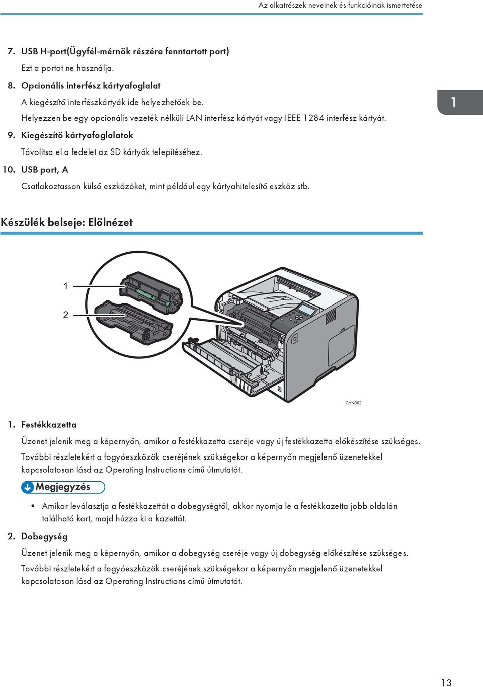 Kiegészítő kártyafoglalatok Távolítsa el a fedelet az SD kártyák telepítéséhez. 10. USB port, A Csatlakoztasson külső eszközöket, mint például egy kártyahitelesítő eszköz stb.